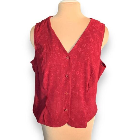 Vintage Sag Harbor Vest Burgundy Red Floral Vneck Embossed Button Up Plus Size - Picture 2 of 8